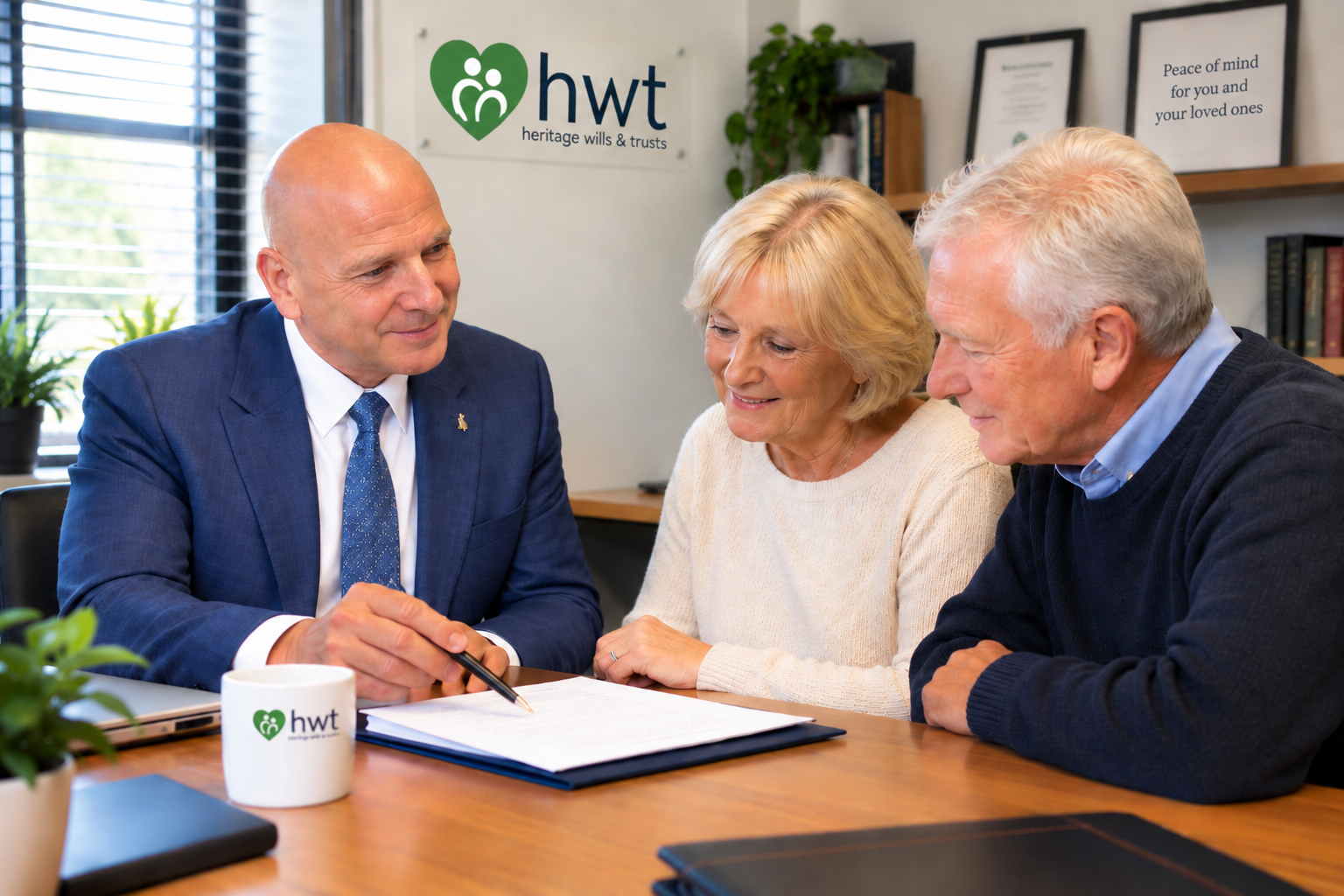 Neal Astbury discussing Will and estate planning paperwork with an older couple in an HWT consultation setting